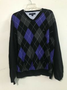 Tommy Hilfiger Size L Plaid Purple Gray Black Men V Neck Sweater 100% Cotton Measurements: Chest 25 inches arm pit to arm pit Length 26 inches shoulder to hem 100% cotton Men's V Neck Sweaters, Purple Outfit, Dr Closet, Clothing Wishlist, Gym Leaders, Soft Boy, Purple Sweater, Purple Gray, Purple Grey