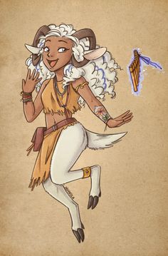 Fantasy Character Design: a faun girl with white curly hair and fur, half human and half goat with fluffy tail and cuvred horns, dark skin and a beautiful happy smile. She looks joyful and carries an enchanted pan flute Goat Ears Drawing, Satyr Art Female, Satyr Character Design, Dnd Satyr Female, Character Design Magic, Satyr Girl, Satyr Character, Satyr Dnd, Satyr Art