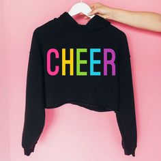 The most beautiful Cheer Sweatshirt ever made with REAL Chenille embroidered Patches! Makes the perfect Gift for any Cheerleader or Cheer Fan! - Crewneck Sweatshirts are UNISEX and come in all sizes - Cropped Hoodies are WOMENS SIZING and only come in adult sizes - Our cozy sweatshirts & tees are soft and durable! - Easy measuring tip: Take your favorite sweatshirt, lay it on a flat surface and measure the width (armpit to armpit) and length (top to bottom) & compare to our size chart to find yo Fun Hooded Tops With Letter Print, School Spirit Hooded Cotton Tops, School Hoodie With Letter Print, Letter Print Hoodie For School, Letter Print Hoodie Top, Cheerleader Gifts, Cheer Competition, Cheer Shirt, Tshirt For Women