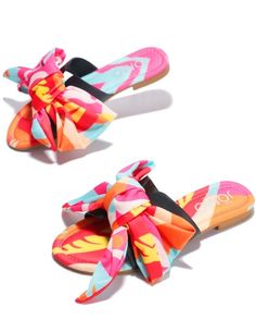 Make heads turn in these super Hot multi colored print and scarf detail sandals. Can be paired with basically anything in your closet. Trendy Multicolor Sandals For Spring, Fun Summer Open Toe Flip Flops, Trendy Multicolor Sandals For Beach Season, Fun Spring Vacation Sandals, Fun Open Toe Flip Flops For Summer, Fun Vacation Sandals For Spring, Fun Synthetic Sandals For Beach Season, Fun Multicolor Beach Flip Flops, Trendy Pink Sandals For Summer Outings