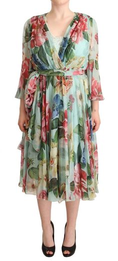 Dolce & Gabbana Multicolor Green Floral Silk Wrap Midi Dress Flora Dress, Stylish Shorts, Dolce Gabbana Dress, Midi Wrap Dress, Wrap Midi Dress, Silk Wrap, Dolce E Gabbana, Gown Dress, Green Silk