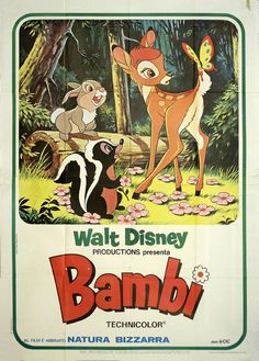 the poster for the animated film bambi is shown in front of a white background