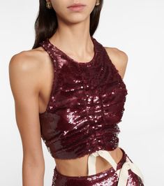 Luxury Ruched Crop Top For Party, Red Sequin Crop Top, Metallic Cropped Evening Crop Top, Luxury Cropped Sequin Top, Fitted Metallic Sequin Crop Top, Red Sequin, Snug Fit, Crop Tops, Luxury Fashion