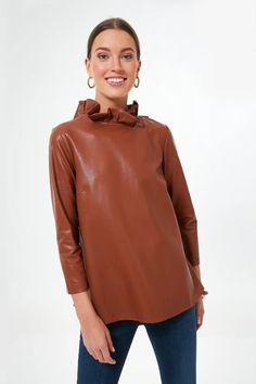 Cognac Leather Faye Blouse | Tuckernuck Trendy Faux Leather Long Sleeve Top, Trendy Long Sleeve Faux Leather Top, Spring Faux Leather Tops For Night Out, Trendy Faux Leather Tops For Fall, Faux Leather Long Sleeve Top For Night Out, Chic Long Sleeve Faux Leather Top, Faux Leather Long Sleeve Party Top, Fall Faux Leather Tops For Night Out, Fall Faux Leather Top For Night Out