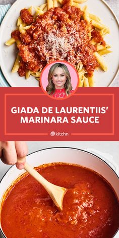 the recipe for marinara sauce is shown in front of a white plate with pasta on it