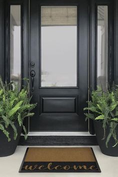 two potted plants sit on the front door mat in front of a black door