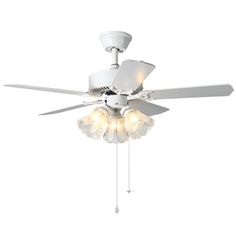 a white ceiling fan with five lights on it