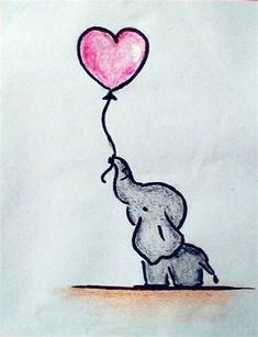 a drawing of an elephant holding a heart shaped balloon with its trunk in the air