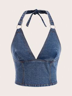 Dark Wash Casual,Sexy Collar Sleeveless Denim Plain Top Embellished Non-Stretch  Women Clothing Top Made Out Of Jeans, Jean Tops For Women, Diy Jean Top, Jeans Sewing Projects, Denim Tops Women, Jean Halter Top, Denim Top Diy, Jean Tank Top, Diy Denim Top