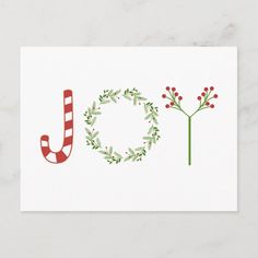 a christmas card with the word joy written in red and green