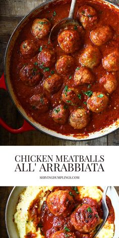 chicken meatballs and mashed potatoes in a red sauce