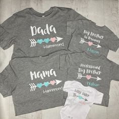 "Adorable personalized matching family shirts! Choose 1 shirt at a time to make your perfect family set! These make adorable newborn family photo shirts, a great newborn gift, perfect way to announce a pregnancy, gender reveal, new sibling and a great way to go meet a new baby family member!! Choose your wording in the drop down menu for everyone in the family! Many color options for your perfect set!  💜Add one at time to your cart and purchase together to make your perfect set!  💜Baby bodysuits: Baby in a soft white bodysuit with gray wording and arrow with the color heart and name you choose (see photo color charts, leave in the notes).  Sizes preemie  through 12-18 months are baby bodysuits.  Colored bodysuits start at 0-3 months only (some only in 3-6 months) Some colors may not be a Matching Custom Print T-shirt For Family Events, Family Matching T-shirt With Name Print, Matching Custom Print Tops For Gender Reveal, Family Matching Custom Print T-shirt For Gender Reveal, Custom Print Tops For Gender Reveal, Custom Print Family Matching T-shirt For Gender Reveal, Family Matching T-shirt For Gender Reveal, Family Matching Custom Name Cotton T-shirt, Customizable Matching Family T-shirt