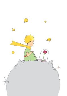 a boy sitting on top of a rock with a flower in his hand and an arrow flying above him