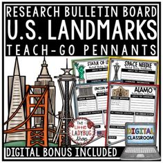 a poster with the words u s landmarks on it and an image of a laptop