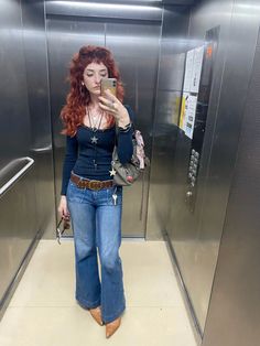 red curly wavy mullet shag shullet outfit inspo Red Carpet Casual Outfits, Cowboy Boots Outfits Women, Olive Green And Red Outfit, Courtney Love Aesthetic Outfits, How To Style A Red Top, Groupie Aesthetic Outfits, Pilgrim Outfit Women, Red Hair Outfits Aesthetic, Outfits For Curly Hair