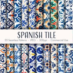 spanish tile patterns in different colors and sizes, with the words spanish tile on it