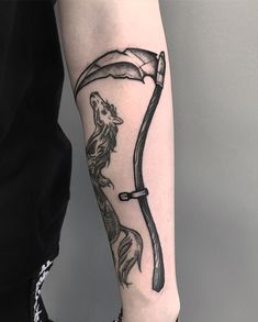 ⚔️ • Marko.S • ⚔️ on Instagram: “Black sickle freehand  Grazie @_littlenightmare_ ◼️London ◼️20/26 may ◼️ @artofcamdentattooshop ◼️ Done At @memorink_tattoo_studio…” Sickle Tattoo Design, Traditional Scythe Tattoo Design, Scythe And Rose Tattoo, Tattoo Scythe, Scythe Tattoo Simple, Reaper Scythe Tattoo, Reaper Scythe Tattoo Design, Traditional Scythe Tattoo, Scythe Tattoo Forearm