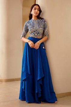 Shop for Osaa by Adarsh Blue Mulberry Silk Embroidered Top And Panel Lehenga Set for Women Online at Aza Fashions Panel Lehenga, Dark Blue Lehenga, Lehenga Top, Thread Beads, Diwali Outfits, Dresses Indian, Indian Dress, Indian Wedding Outfits, Lehenga Designs