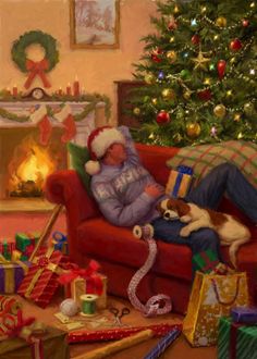 a painting of a man laying on a couch with his dog in front of a christmas tree