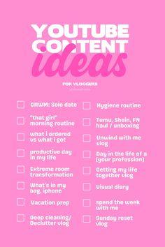 a pink poster with the words youtuber content ideas