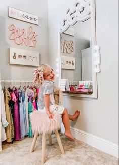 Kids Play And Tv Room, Pink Playroom Aesthetic, Pink And White Playroom, Art Deco Playroom, Playroom Dress Up, Barbie Corner Playroom, Doll Set Up In Playroom, Pretend Playroom Ideas, Dress Up Wall Ideas