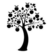 an apple tree with leaves and apples on it's branches is shown in black against a white background