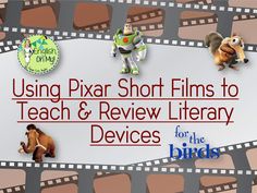 a film strip with the words using pixar short films to teach & review library devices for the birds