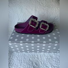 Brand New, Never Worn, Still With Tags And Original Box & Packaging. From Manolo Blahnik X Birkenstock Collaboration In March Of 2022sold Out Everywhere! Size Eur 38 Would Fit A Us 7.5 Perfectly, A Us 8 A Little Snug By The Toes. True Fuchsia Color Shoe Is Mainly Velvet With Leather Piping. I Will Only Accept Offers Via Poshmark. Elegant Purple Sandals With Buckle Closure, Manolo Blahnik Maysale, Manolo Blahnik Black, Manolo Blahnik Shoes, Suede Mules, Black Sandals Heels, Buckle Sandals, Slingback Heel, Fuchsia Color