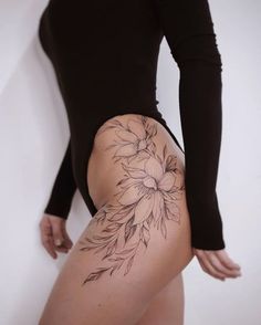 Lily Hip Tattoo, Fine Line Thigh Tattoos Women, Female Hip Tattoos, Back Of Leg Tattoos, Side Hip Tattoos, Best Leg Tattoos