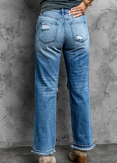 Distressed Boyfriend Jeans The straight legs and loose fit make it comfy to wear. Zip fly and button closure, pockets front and back, frayed edges finished. Jeans With Pockets, Womens Ripped Jeans, Bohemian Style Clothing, Frayed Hem Jeans, Distressed Boyfriend Jeans, Pocket Light, Hem Jeans, Perfect Wardrobe, Denim Outfit