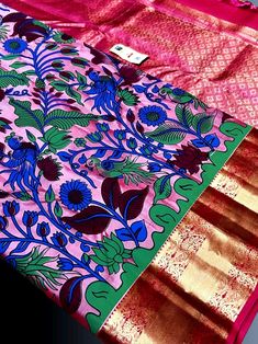 Kanchipuram silk hand painted kalamkari. Silk mark certified. Comes with stitched blouses and fall pico done. Kanchipuram Saree, Pink Saree, Birthday Gifts, Silk, Hand Painted, Pet Supplies, Accessory Gift, Electronic Accessories, Paper Party Supplies