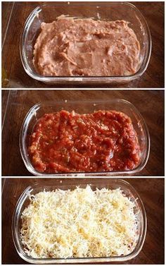 four different types of food in plastic containers on top of a wooden table with cheese and sauces