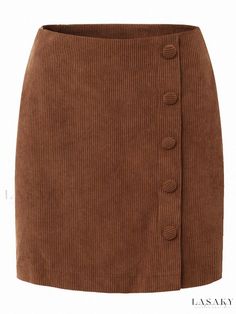 Lasaky - Velvet A-Line Skirt with Solid Color, Button Closure, Zipper, High Waist, Slim Fit, and Hip-Hugging Design Brown Mini Skirt With Button Closure For Work, Workwear Mini Skirt With Button Closure For Winter, Winter Mini Skirt With Button Closure For Workwear, Winter Workwear Mini Skirt With Button Closure, Winter Workwear Mini Skirt With Buttons, Brown Knee-length Skirt With Button Closure, Fall High-waist Mini Skirt With Buttons, Fall High Waist Mini Skirt With Buttons, Trendy Brown Mini Skirt With Buttons