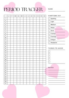 a printable period tracker with hearts on it