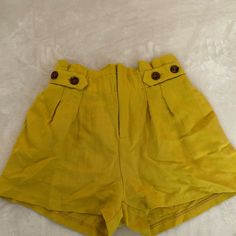 Never Worn Chartreuse Shorts From Anthropologie With An Adjustable Waist And Button Detail. Super Soft Material! Summer Bottoms With Buttons For Vacation, Summer Style Bottoms With Buttons For Vacation, Summer Vacation Bottoms With Buttons, Yellow High-waisted Bottoms With Built-in Shorts, Chic Yellow Shorts With Built-in Lining, Chic Yellow Shorts With Built-in Shorts, Chic Yellow Shorts, Summer Shorts With Buttons For Day Out, Green Summer Bottoms With Buttons