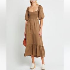 A Light And Flowy Dress For Every Occasion. Cutout Back Detail Midi Length 90% Tencel, 10% Linen Hand Wash Imported Brown Square Neck Dress For Date Night, Chic Brown Dress With Square Neckline, Chic Brown Square Neck Dress, Spring Midi Dress With Square Neck In Brown, Spring Brown Midi Dress With Square Neck, Brown Square Neck Midi Dress For Spring, Brown Square Neck Dress For Spring, Spring Brown Square Neck Dress, Chic Brown Dress For Brunch