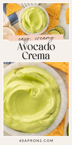 avocado cream in a white bowl on top of a table