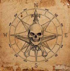 a drawing of a skull and compass on an old paper