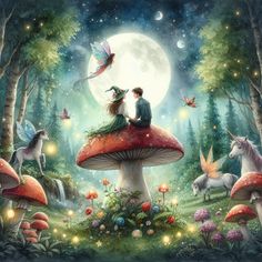 a painting of two people sitting on top of a mushroom with unicorns in the background