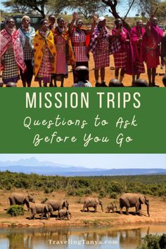 a group of people standing next to each other with elephants in the background and text that reads mission trips questions to ask before you go