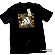 Black Adidas Tshirt Men’s Small Nwt Gorgeous Gold Picture, Adidas Logo On Sleeve Black Adidas T-shirt With Logo, Black Adidas Sports T-shirt, Black Branded Sports T-shirt, Black Adidas Logo Short Sleeve Top, Adidas Graphic Tee For Streetwear, Black Adidas Short Sleeve Top, Adidas Black T-shirt With Letter Print, Adidas Black T-shirt For Sports, Adidas Logo Black T-shirt For Streetwear