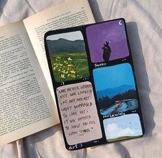 an open book sitting on top of a bed next to a white sheet covered ground