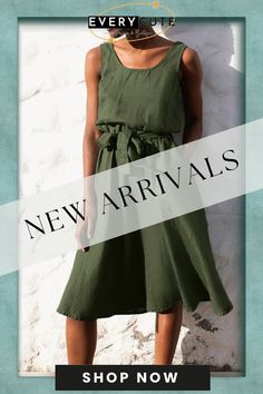 Women Solid Sleeveless Crew Neck Dress with Belt Green Sleeveless Midi Dress For Summer, Sleeveless Green Solid Sundress, Green Solid Sleeveless Dress For Spring, Sleeveless Solid Color Midi Dress For Summer, Green Sleeveless Solid Midi Dress, Green Sleeveless Dress For Spring, Green Sleeveless Plain Midi Dress, Sleeveless Green Midi Dress, Crew Neck Dress