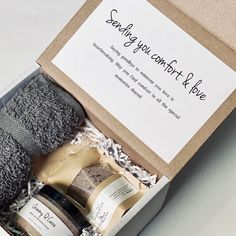 - All Products are handmade and Vegan friendly - The perfect gift box for your loved one going through a loss ❤️ This gift set is customizable with a name, and personal message you can leave attached. This box includes: -Sweet Haven Body scrub -4 oz- -Earth Bath salts -3.5 - 4 oz- -Cotton Towel Earth Bath Salts I N G R E D I E N T S Magnesium Sulfate Essential Oils Fragrance Oils Micas Dried Calendula flowers Dried Comfrey Leaves . . . . . Sweet Haven Scrub I N G R E D I E N T S Pure Cane Sugar Comfort Baskets For Sympathy, Handmade Thinking Of You Gifts, Dried Calendula, Comfort Box, Calendula Flowers, Deepest Sympathy, Magnesium Sulfate, Comfort Gifts, Sorry For Your Loss