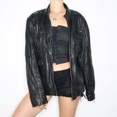 90s Oversized Black Leather Racer Jacket (Large) Black Leather Racer Jacket, Leather Racer Jacket, Cafe Racer Style, True Winter, Racer Jacket, Streetwear Aesthetic, Casual Streetwear, Old Hollywood, Cafe Racer