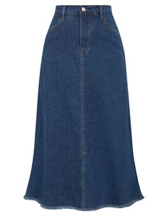 PRICES MAY VARY. High Quality Fabric - This long denim jean skirt made of lightweight fabric, breathable and not see through, not easy to deform, and keep elastic. Lightweight Jean Skirt - The calssic denim jean skirts feature with high waist design, elastic back waistline, flare aline skirt, frayed raw hem design, maxi long skirt, two side versatile pockets. Elastic High Waist Skirts - Blue jean skirt for women with your favorite t-shirts for a casual chic vibe. Pair with blouses and blazers fo 70s Jean Skirt, Jean Skirt Maxi, Denim Skirts Long, Denim Skirt Outfit Modest, Long Skirt Business Casual, A-line Skirt, Midsize Skirt, Cute Long Skirts, Jean Long Skirt