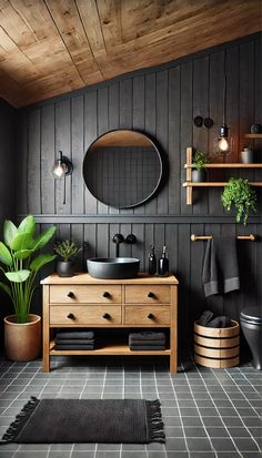 🖤 21 Stunning Black Bathroom Decor Ideas You Need to See Right Now! 🛁✨ Black Shiplap Accent Wall, Earthy Bathroom Ideas, Black Bathroom Decor Ideas, All Black Bathroom, Black Shiplap, Earthy Bathroom, Black Ceramic Tiles, Modern Black Bathroom