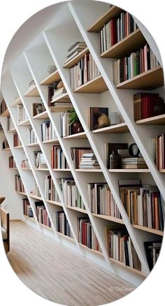 the bookshelves are filled with many different types of books in this white room