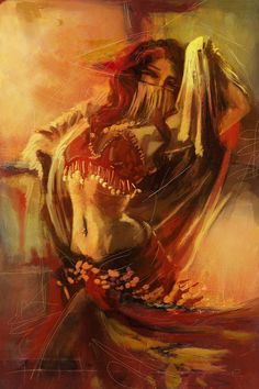 an abstract painting of a woman dancing with her hands in her pockets and headdress