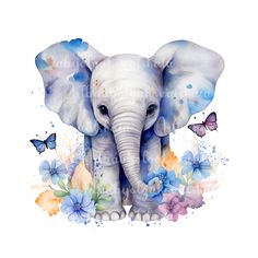 an elephant with flowers and butterflies on it's head is shown in this watercolor painting